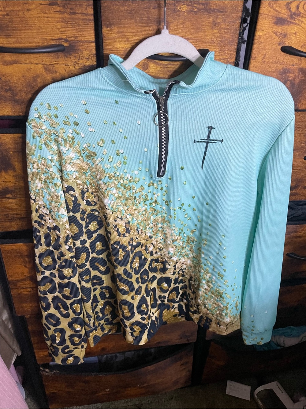 Women's Aqua Half-Zip Pullover with Leopard Print & Gold Accents